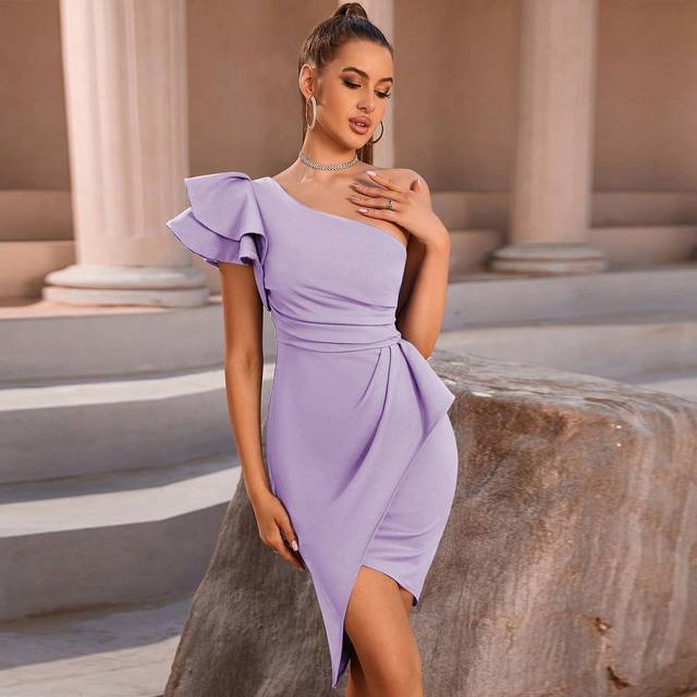 ADYCE One Shoulder Flounce Backless Slit Ruched Wrap Cocktail Party Bodycon Dress Elegant Prom Semi Formal Wedding Guest Dress, For Birthday, Graduation, Di