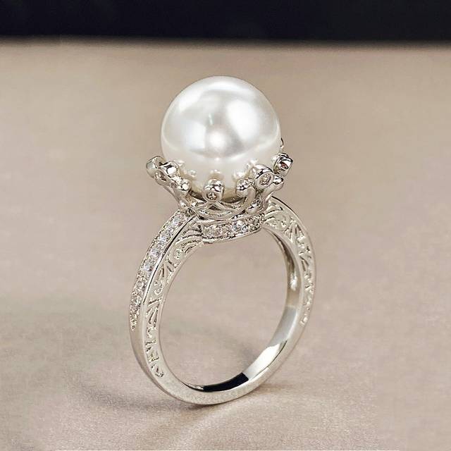 SHEIN 1pc Pretty White Cubic Zirconia & Faux Pearl Ring For Women Wedding Party Valentine&#39;s Day Gift