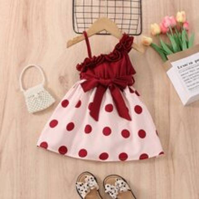 SHEIN Baby Girl Polka Dot Asymmetrical Neck Belted Dress