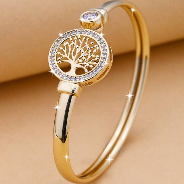 KKCOLA 1pc Fashion Copper Cubic Zirconia Decor Tree Detail Cuff Bangle For Women For Daily Life Copper Jewelry