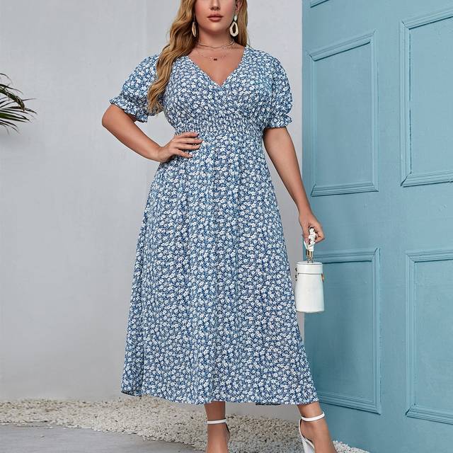 Mulvari Plus Ditsy Floral V-Neck Shirred Waist A-Line Dress, Summer