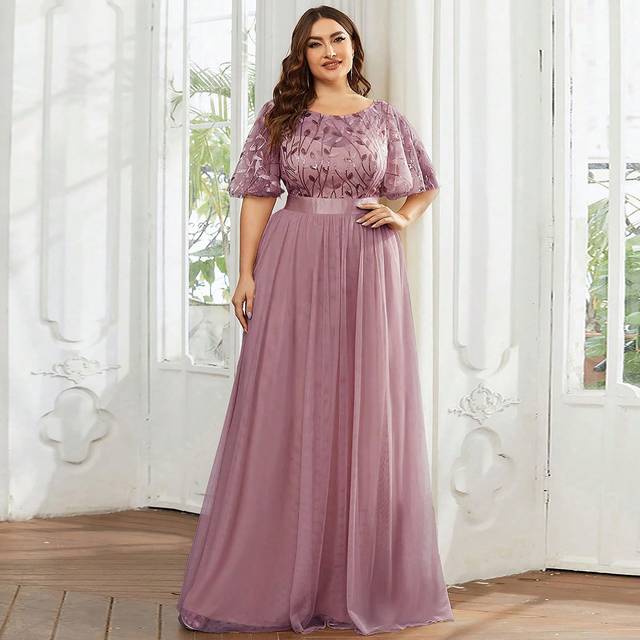 Plus Leaf Paljett Bodice Mesh Balklänning Elegant brudtärnklänning - Dammrosa (0XL,1XL,2XL,3XL,4XL,5XL)