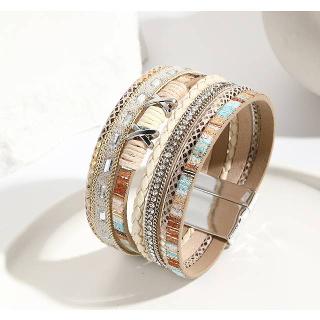 SHEIN 1pc Bohemia Style Wide Band Bracelet With Crystal Rhinestone Decor Wrapped Wire Bracelet Multi-layered Pu Leather Magnetic Clasp Bracelet For Women