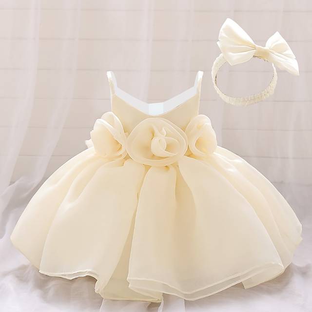 SHEIN Baby Girl Solid Color 3D Flower Satin & Tulle Elegant Dress Outfit, Suitable For Outdoor, Birthday Party, Comes With Hair Accessory