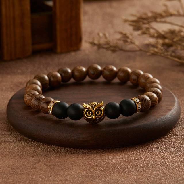 SHEIN Men&#39;s 1pc Personality Wooden Bead Owl Design Vintage Style Elastic Adjustable Beaded Bracelet, For Jewelry Gift And Party