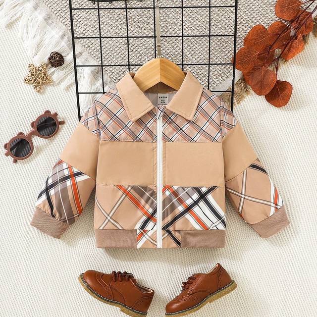 Pojkars snygga gatustil Preppy Casual Rutmönster Color Block Jacka med vändbar krage för höst, vinter - Kaki (6-9M,9-12M,12-18M,18-24M,2-3Y)