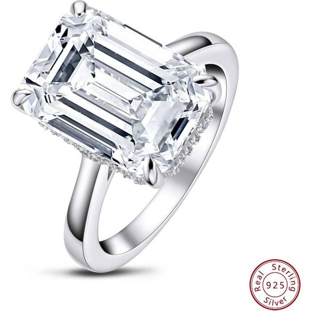 SHEIN 1pc Women&#39;s 5A Cubic Zirconia 10x14mm Emerald-Cut Main Stone Ring, 925 Sterling Silver Wedding Band, Engagement Ring, Wedding Jewelry Gift