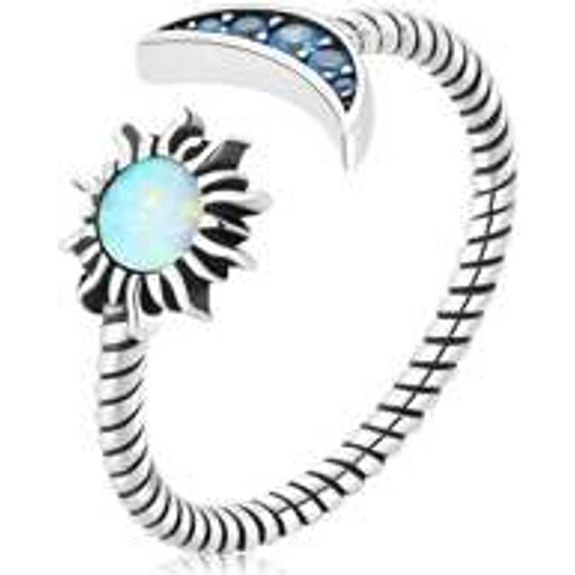 WOSTU 1pc Authentic 925 Sterling Silver Shining Sun & Moon Open Size Ring for Women Vintage Opal Ring Fine Jewelry Party Gift Gold and silver two colors