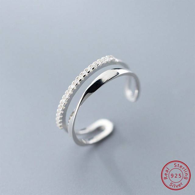GAGAFEEL 1pc Luxurious And Fashionable S925 Sterling Silver Curved Double Layered Adjustable Cubic Zirconia Ring For Women For Daily Wear