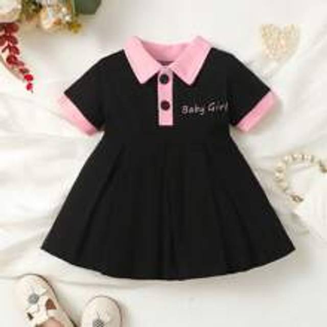 SHEIN Baby Girl Letter Graphic Contrast Collar Pleated Hem Dress