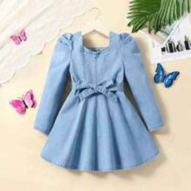 SHEIN Young Girl Toddler Girls Sweetheart Neck Puff Sleeve Belted Denim Dress