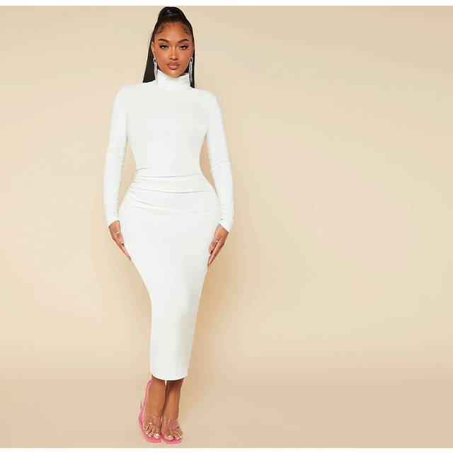 SHEIN High Neck Solid Bodycon Ruched White Maxi Dress,White Graduation Dress