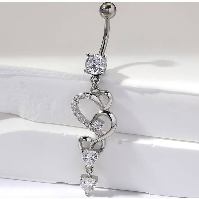 Ett Silver Lång Stil Mässing Inlagd Kubik Zirkonium Hjärta Navel Ring Lämplig För Damer Födelsedagsfest (En-Storlek)