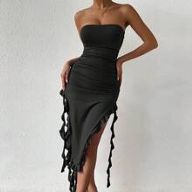 SHEIN Ruffle Trim Ruched Split Thigh Tube Dress