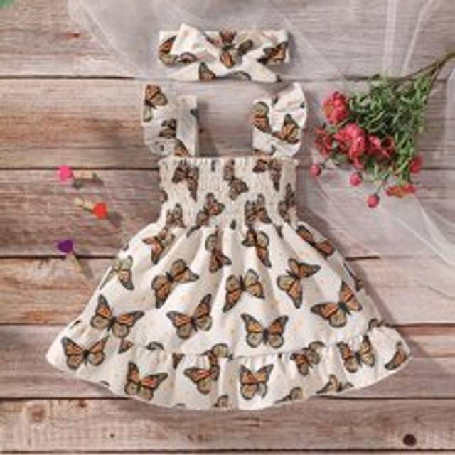 SHEIN Baby Girl Butterfly Print Shirred Ruffle Hem Cami Dress With Headband