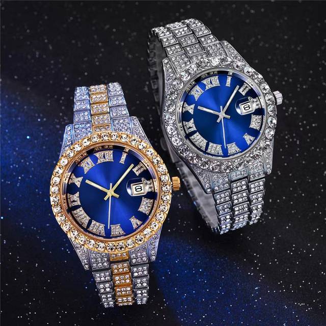 SHEIN 2pcs/Set Multicolor Round Quartz Couple Watch For Men And Women, Luxury Business Cubic Zirconia Steel Band Calendar Watch For Dating And Party