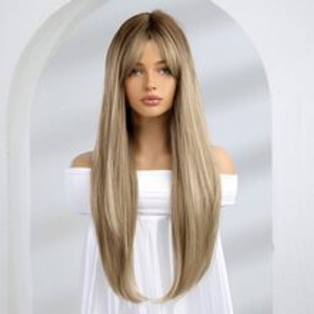 SHEIN 26 Inch Gradient Straight Hair Wigs With Bangs Synthetic Fiber Hair Replacement Wigs For Women Girls