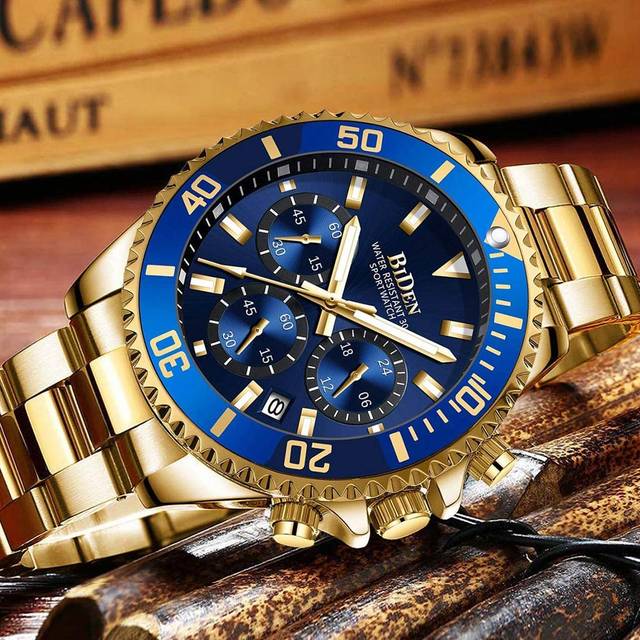 BIDEN BIDEN Men&#39;s Business Watch, Chronograph, Men&#39;s Stainless Steel Strap Waterproof Calendar Luminous Quartz Watch, Casual Men&#39;s Watch, Free Chain Link Re