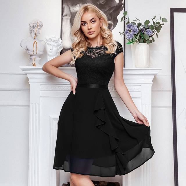 Swing Klänning Blommig Spets Axelfri Kant med Volanger Party - Svart (L,M,S,XL,XXL)