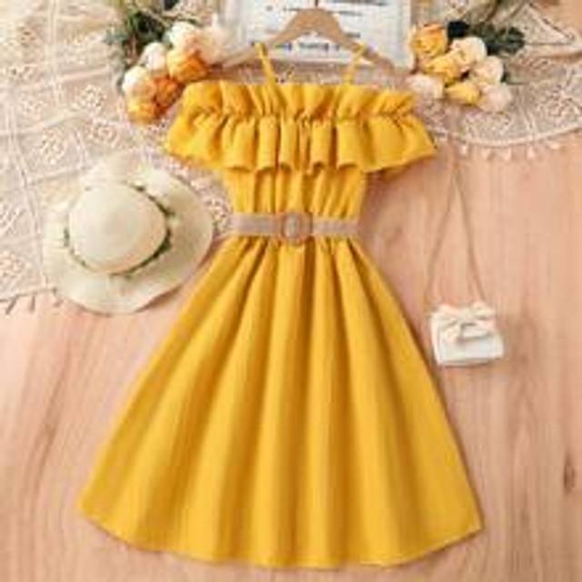 SHEIN Tween Girl Cold Shoulder Ruffle Trim Belted Dress