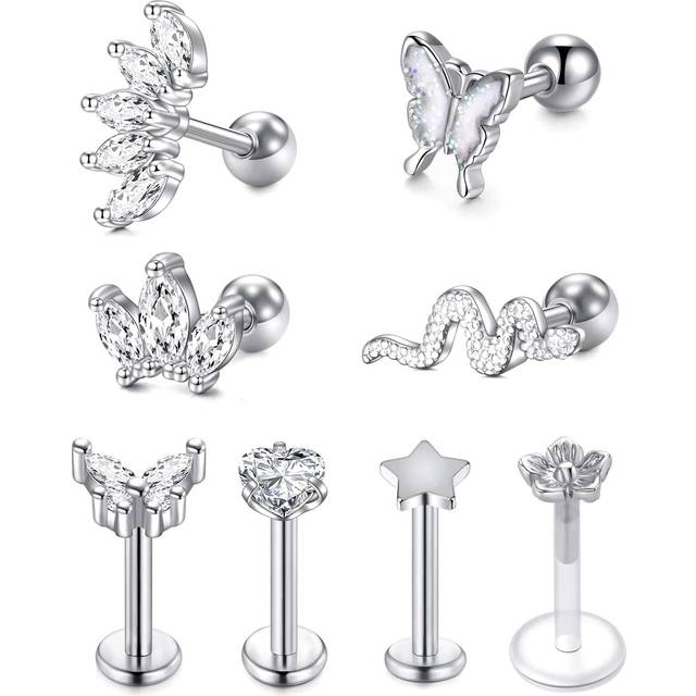 CIZME 1 Set (8pcs) Women Cartilage Studs Earrings Helix Tragus Piercing Jewelry, Made Of Stainless Steel With Artificial Crystal, Cubic Zirconia & Lip Stud,