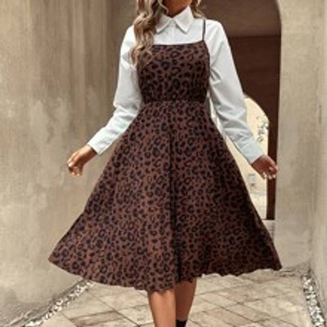 Leopardtryck Plisserad fåll Cami Dress Without Blus Maxi Damoutfit - Kaffebrun (L,M,S,XL,XS)