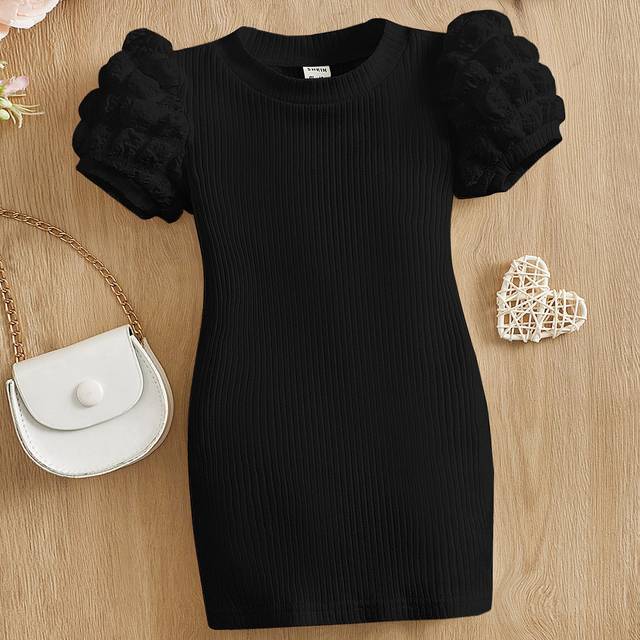 SHEIN Baby Girl Puff Sleeve Ribbed Knit Dress, Comfortable, Cute And Sweet, Suitable For Summer