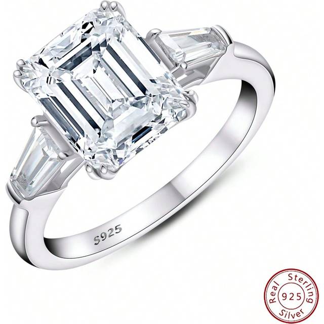 SHEIN 1pc Three Stone 3.0ct Emerald Cut Engagement Rings For Women Cubic Zirconia 925 Sterling Silver Double Prong 10x8mm CZ Anniversary Wedding Band Ring P