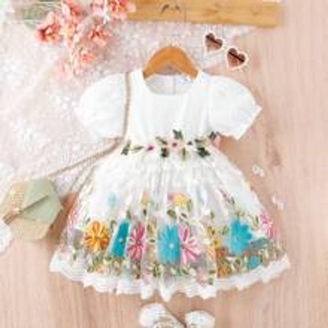 Bebis Flicka Blommiga Broderier Applikationer Puff Ärm Kontrast Nät Klänningar - Vitt (6-9M,9-12M,12-18M,18-24M,2-3Y)