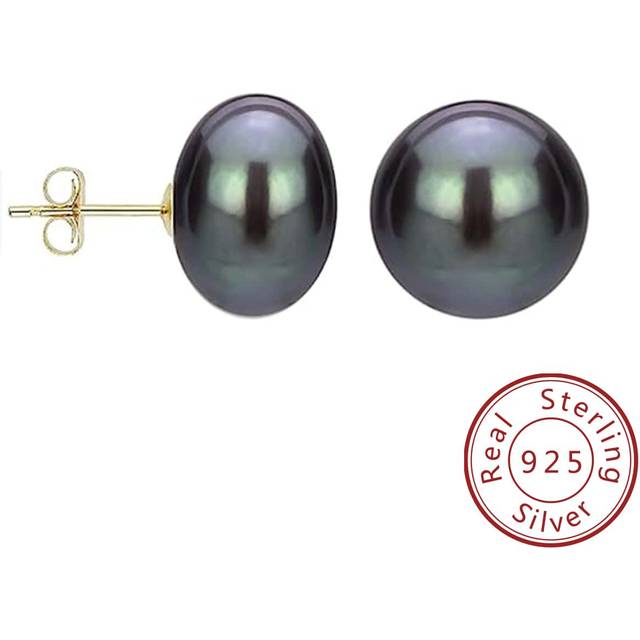 SHEIN 1pair Classic Black 8-9mm Natural Freshwater Pearl Stud Earrings, S925 Ear Jewelry For Birthday Gift To Friends Wedding Jewelry Bridal Jewelry Holiday