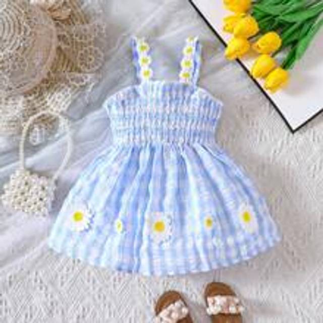 SHEIN Baby Girl Floral & Gingham Print Shirred Cami Dress