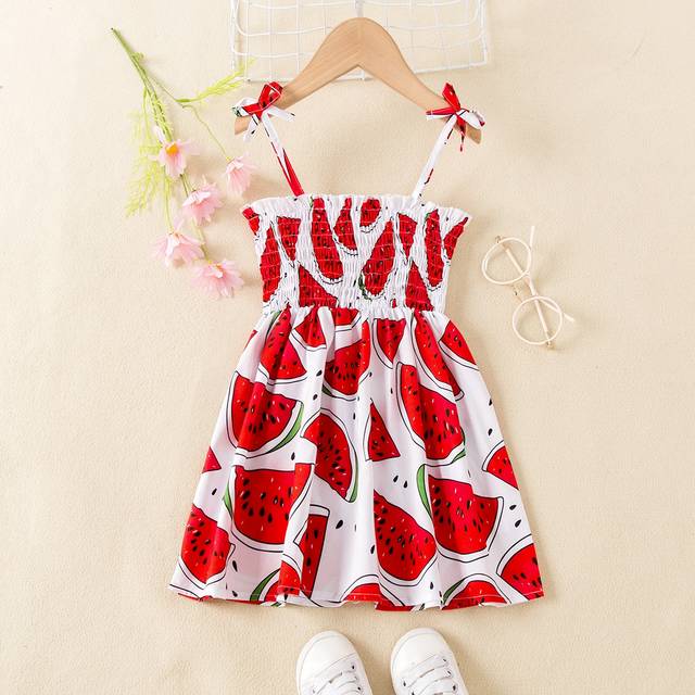 SHEIN Young Girl Watermelon Print Shirred Cami Dress