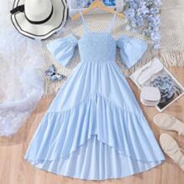 SHEIN Tween Girl Cold Shoulder Shirred High Low Hem Dress,Holiday,Summer,Travel