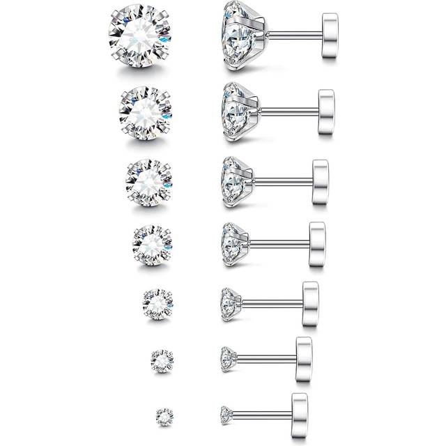 7 Platt Tillbaka Örhängen med knoppar För kvinnor , Rostfritt Stål Örhängen , Kubik Zirkonium Örhängen ( ) - Silver (En-Storlek,2 mm,3 mm,4 mm)