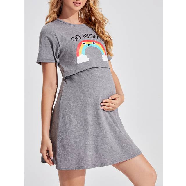 Graphic Rainbow & Letter Graphic Nursing Lounge Klänning för mamma - Grå (L,M,S,XL)