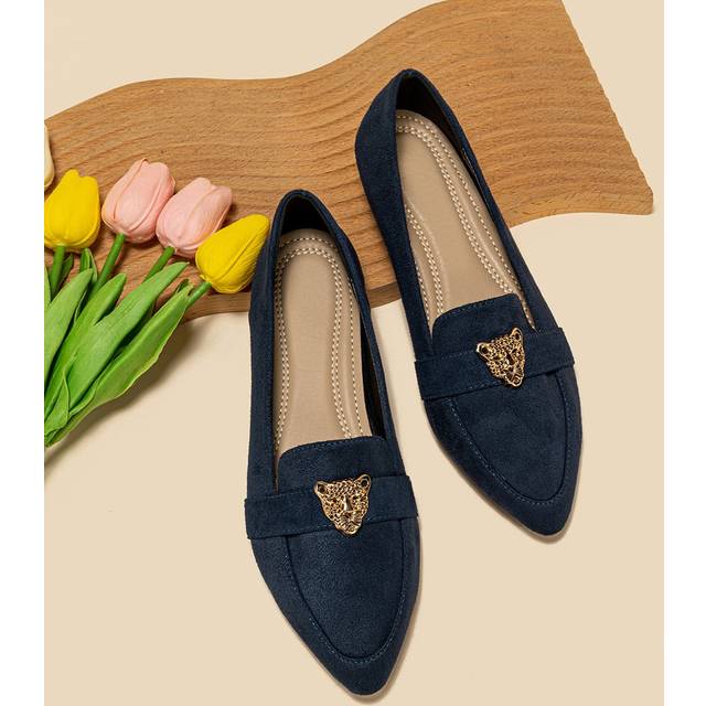SHEIN Women&#39;s Fashionable Solid Metal & Plain Loafers With Leopard Head Decor, Pointed Toe Faux Suede Flat Loafers, Navy Blue
