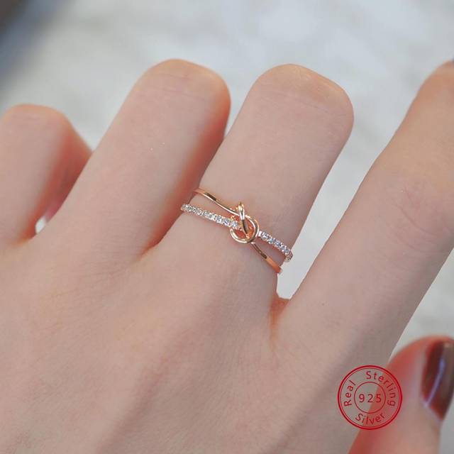 BALMORA A Vintage S925 Silver Simple Cubic Zirconia Rose Gold Ring For Women Girls Charming Retro Double Knot Rope Elegant  Statement Tiny Anillo Jewelry Gift