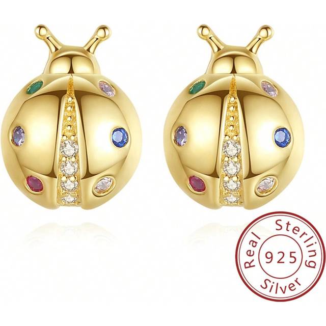 Drottning S925 Sterling silver Örhängen med knoppar Kvinna 14K GULDPLÄTTERAD Nyckelpiga Hingst Öron Mode Smycke Presenter För kvinnor Tjejer