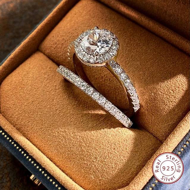2 st/set S925 Sterling Silver 0.8ct Cubic Moissanite Förlovningsring Bröllopsring Rund Löftesring Evighetsring Jubileumsring Lyxiga smycken Presenter (7,9,6,8)