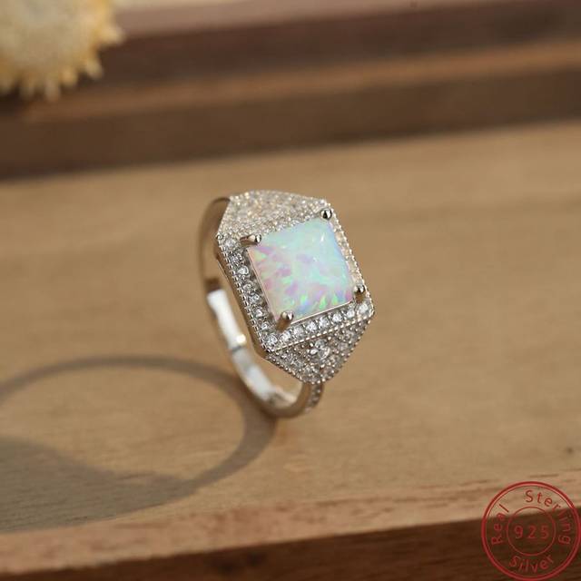 SHEIN 1pc S925 Sterling Silver Natural Opal & Square Diamond Personality Design Ring, Suitable For Daily Wear, Valentine&#39;s Day Gift For Women