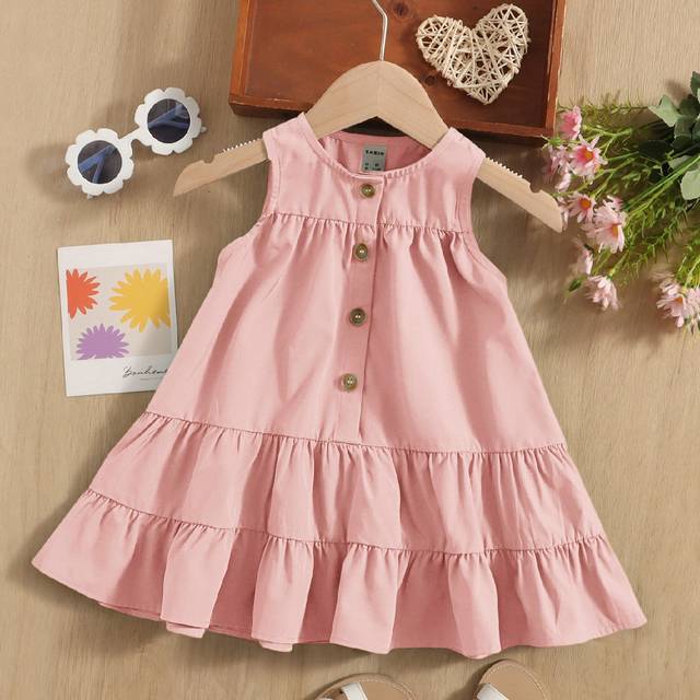 SHEIN Baby Girl&#39;S Front Buttoned Ruffle Hem Dress, Comfortable And Cute, Suitable For Summer