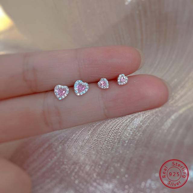 BALMORA 1pair Fashionable And Cute S925 Sterling Silver Pink Heart Shining  Earrings For Women&#39;s Birthday Gift