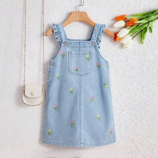 SHEIN Young Girl Floral Embroidery Ruffle Trim Denim Dress