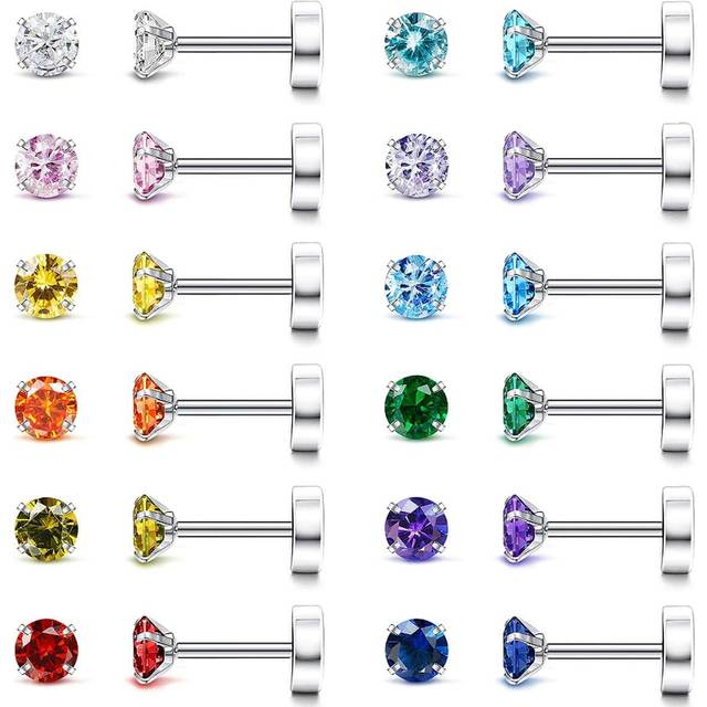 SHEIN 12pairs Surgical Stainless Steel Cubic Zirconia Stud Earrings, Color Birthstone Rhinestone Decor Stud Earrings For Women & Girls, Birthday Gift, Date