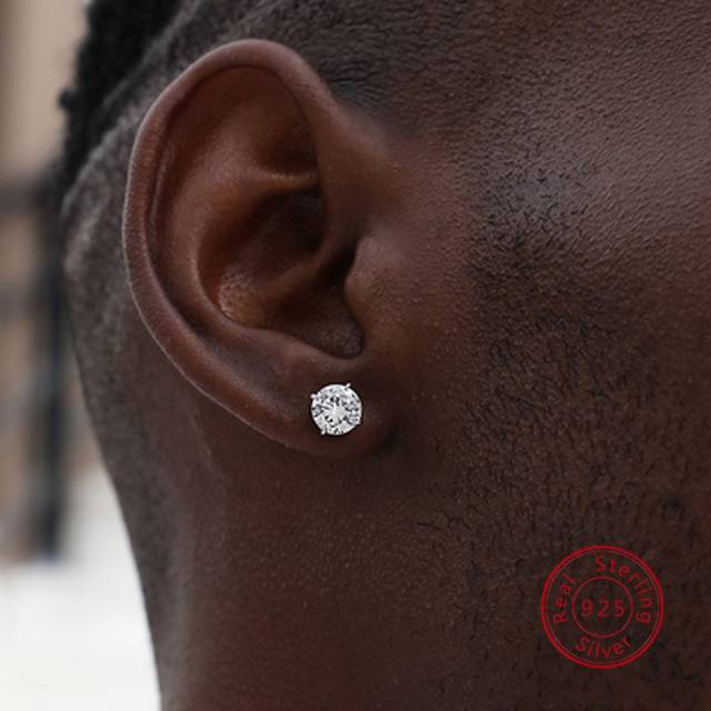 SHEIN 2pcs Versatile 925 Sterling Silver Cubic Zirconia Stud Earrings For Men, Christmas Gift Father