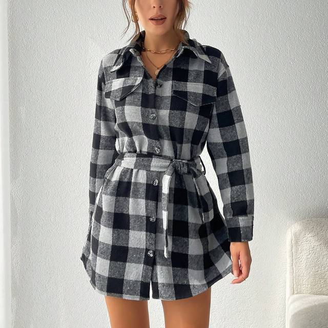 SHEIN Buffalo Plaid Print Belted Shirt Dress