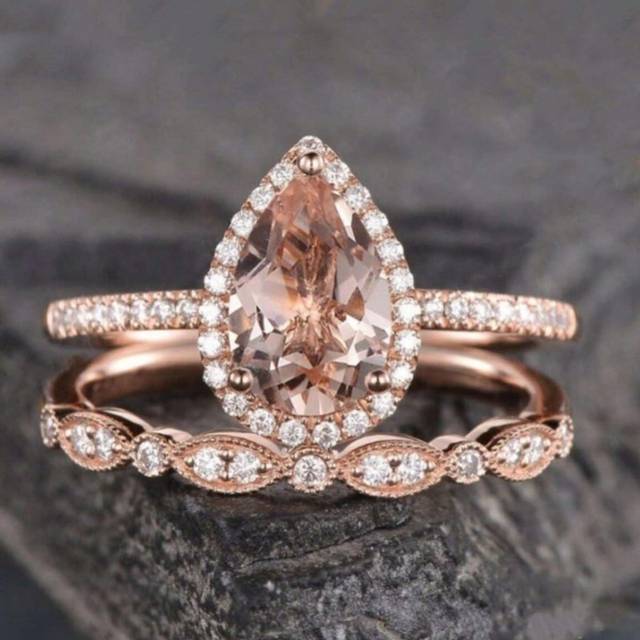 SHEIN 2PCS/Set, Voguish Promise Ring Inlaid Waterdrop Zirconia Intertwined Design On The Band Engagement / Wedding Ring Gift For Your Love