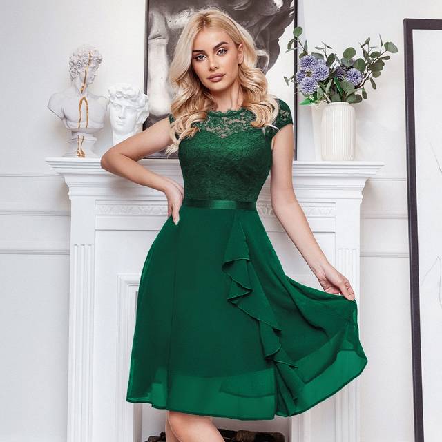 Swing Klänning Blommig Spets Axelfri Kant med Volanger Party - Mörk Grön (L,M,S,XL,XXL)