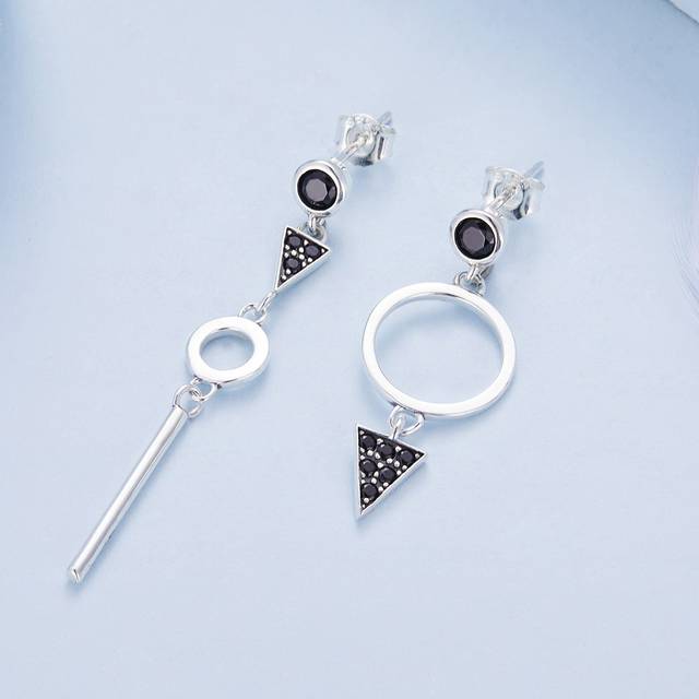 SHEIN 1 Pair 925 Sterling Silver Black Cubic Zirconia Asymmetrical Earrings, Unisex Crystal Stud Earrings Gift, 2 Colors Available