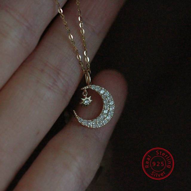 1st Sterling S925 Silver Mode Söt Guldstjärna Lunate Moon Zirconia hänge Halsband För Kvinnor Tjej Mode Trendigt Temperamentsfull Nyckelbenskedja Part